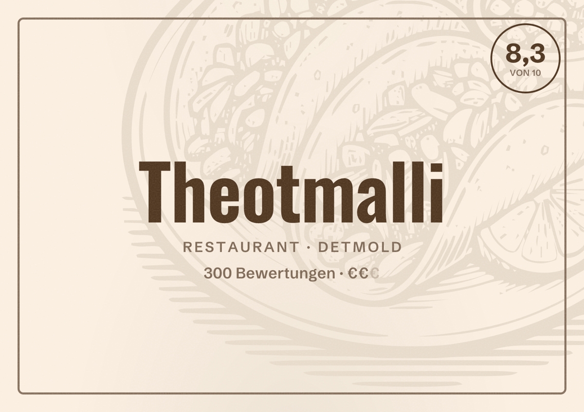 Illustriertes Poster von Theotmalli, Restaurant in Detmold: Bewertung 8,3 von 10 aus 300 Bewertungen, Preisniveau €€