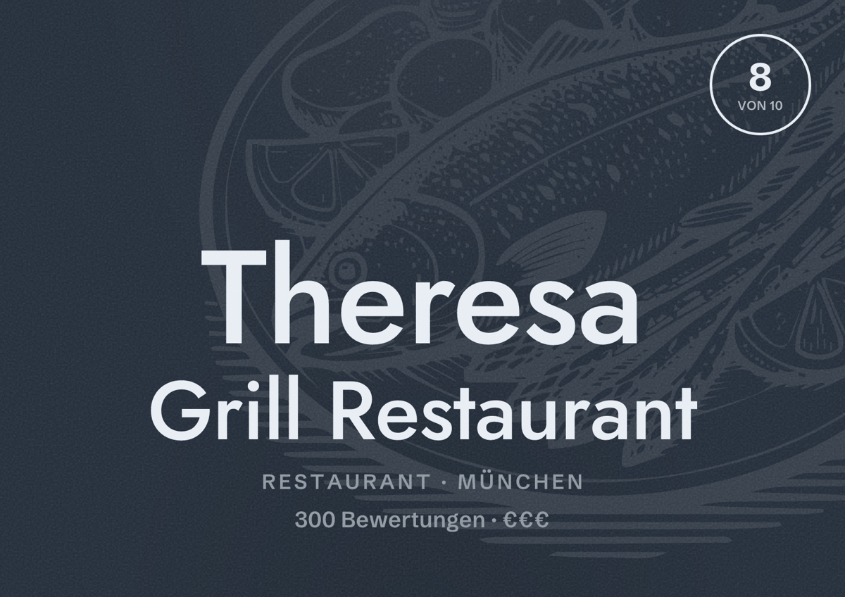 Illustriertes Poster von Theresa Grill Restaurant, Restaurant in München: Bewertung 8,0 von 10 aus 300 Bewertungen, Preisniveau €€€