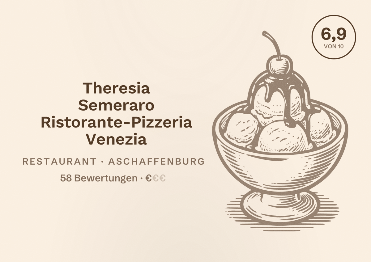 Illustriertes Poster von Theresia Semeraro Ristorante-Pizzeria Venezia, Restaurant in Aschaffenburg: Bewertung 6,9 von 10 aus 58 Bewertungen, Preisniveau €