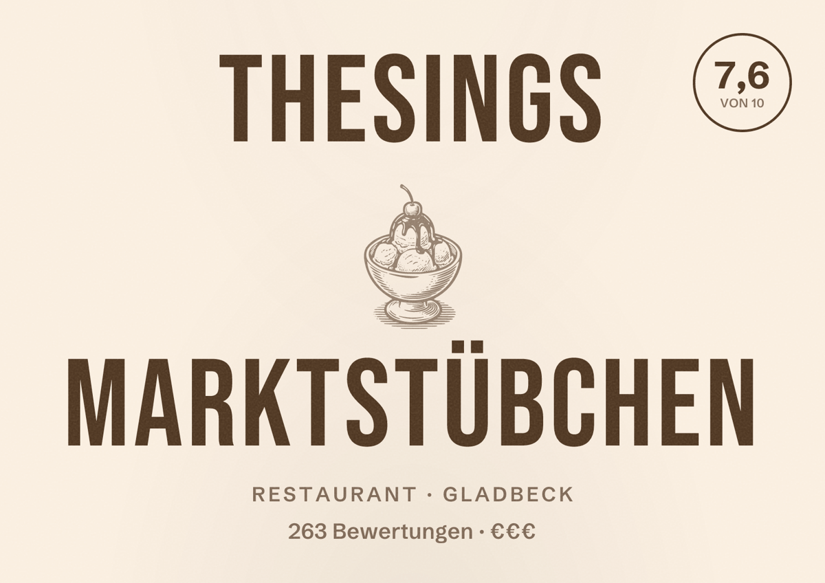 Illustriertes Poster von Thesings Marktstübchen, Restaurant in Gladbeck: Bewertung 7,6 von 10 aus 263 Bewertungen, Preisniveau €€€