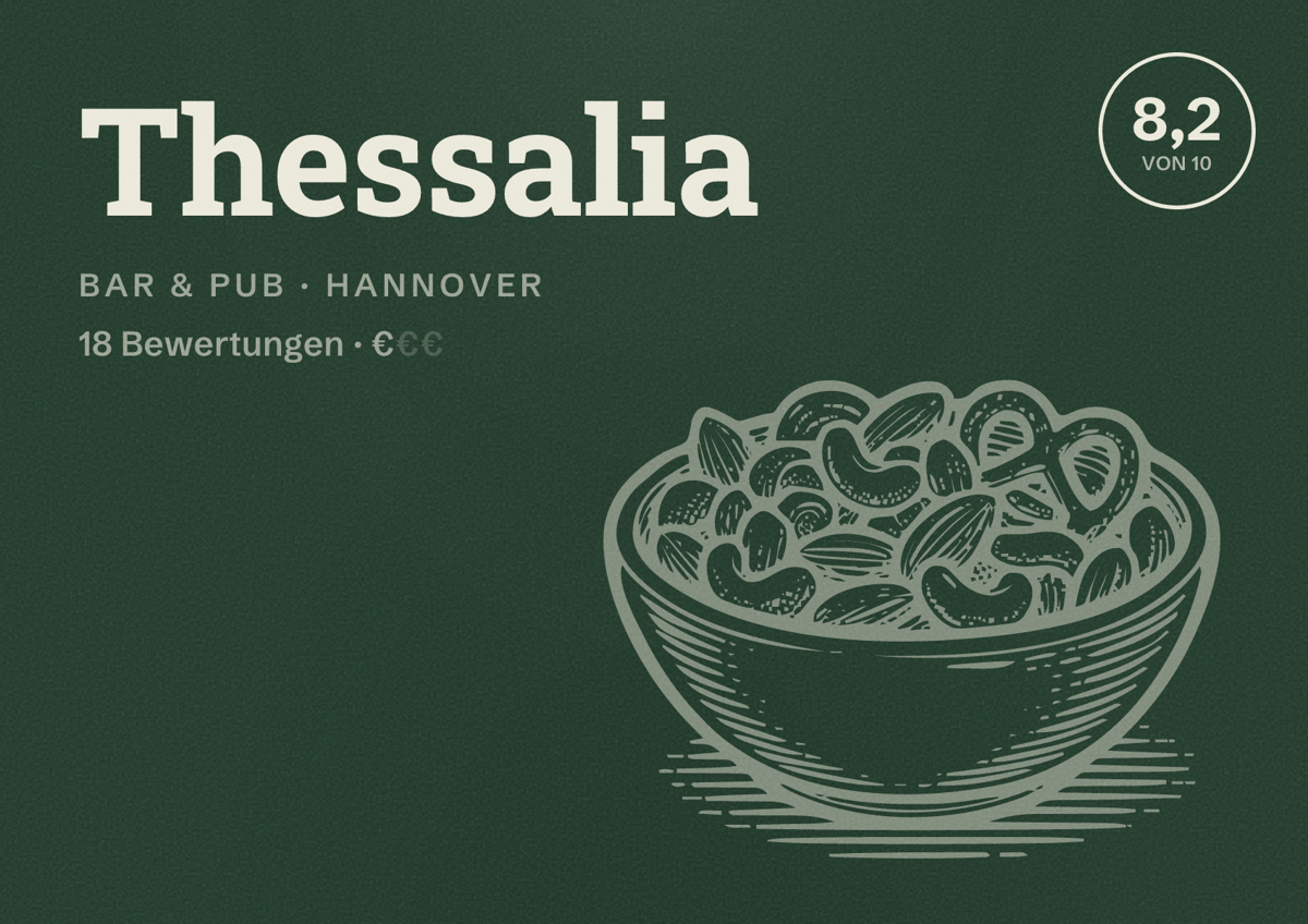 Illustriertes Poster von Thessalia, Bar & Pub in Hannover: Bewertung 8,2 von 10 aus 18 Bewertungen, Preisniveau €