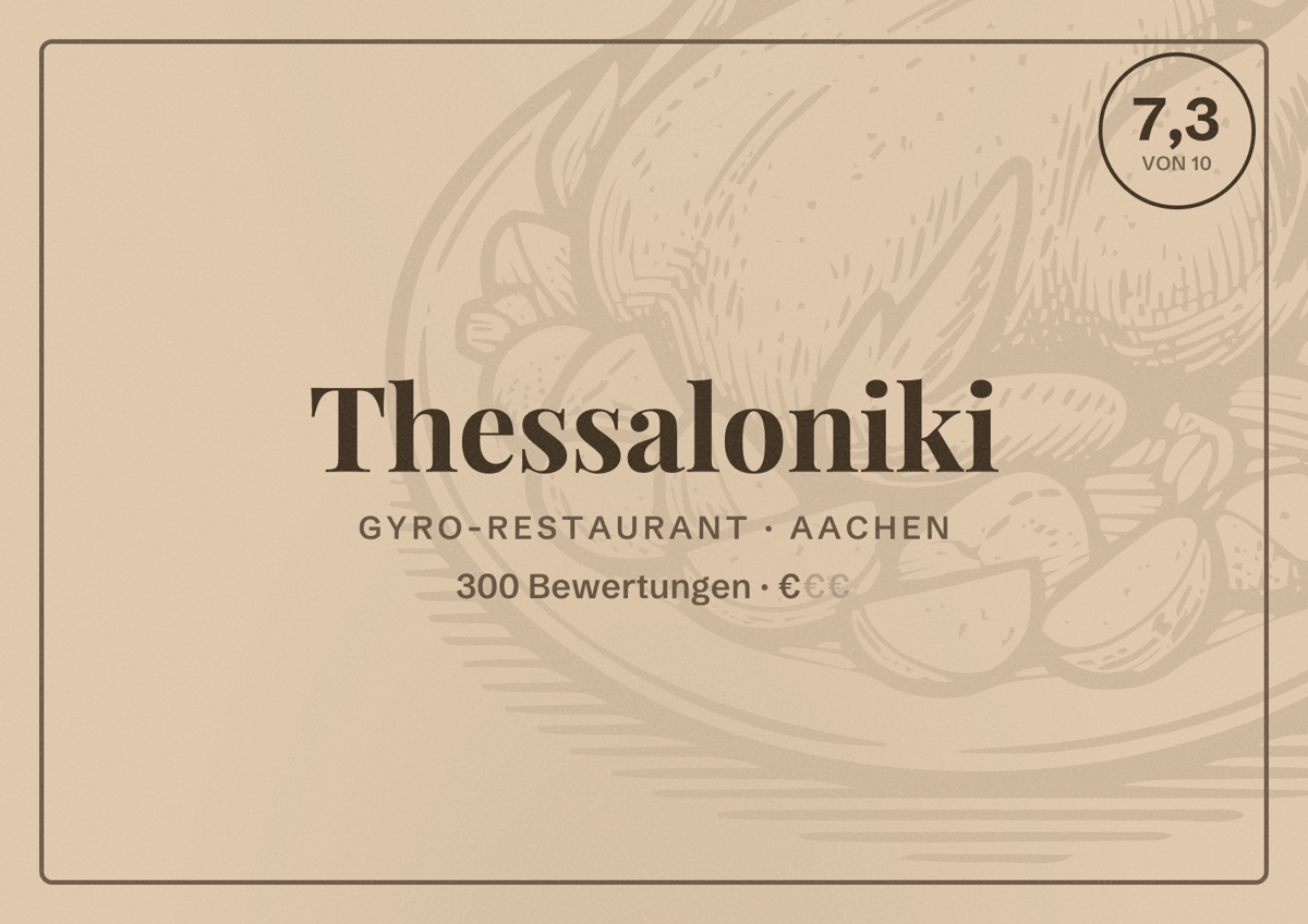 Illustriertes Poster von Thessaloniki, Gyro-Restaurant in Aachen: Bewertung 7,3 von 10 aus 300 Bewertungen, Preisniveau €