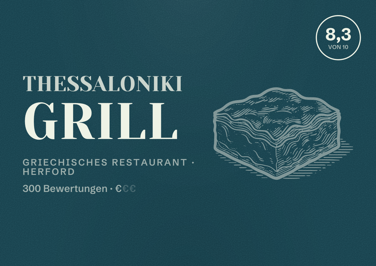 Illustriertes Poster von Thessaloniki Grill, Griechisches Restaurant in Herford: Bewertung 8,3 von 10 aus 300 Bewertungen, Preisniveau €