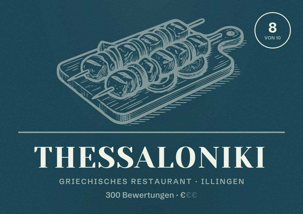 Illustriertes Poster von Thessaloniki, Griechisches Restaurant in Illingen: Bewertung 8 von 10 aus 300 Bewertungen, Preisniveau €