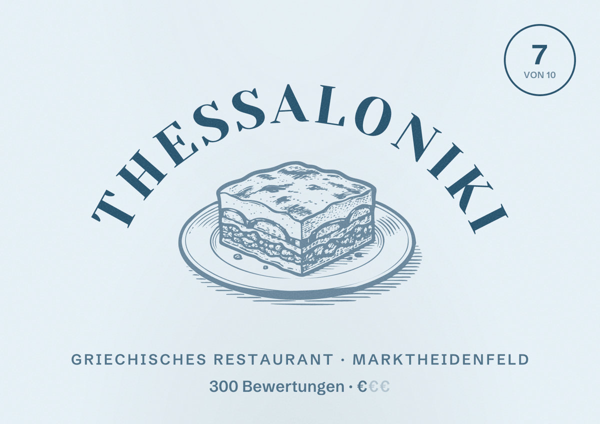 Illustriertes Poster von Thessaloniki, Griechisches Restaurant in Marktheidenfeld: Bewertung 7 von 10 aus 300 Bewertungen, Preisniveau €