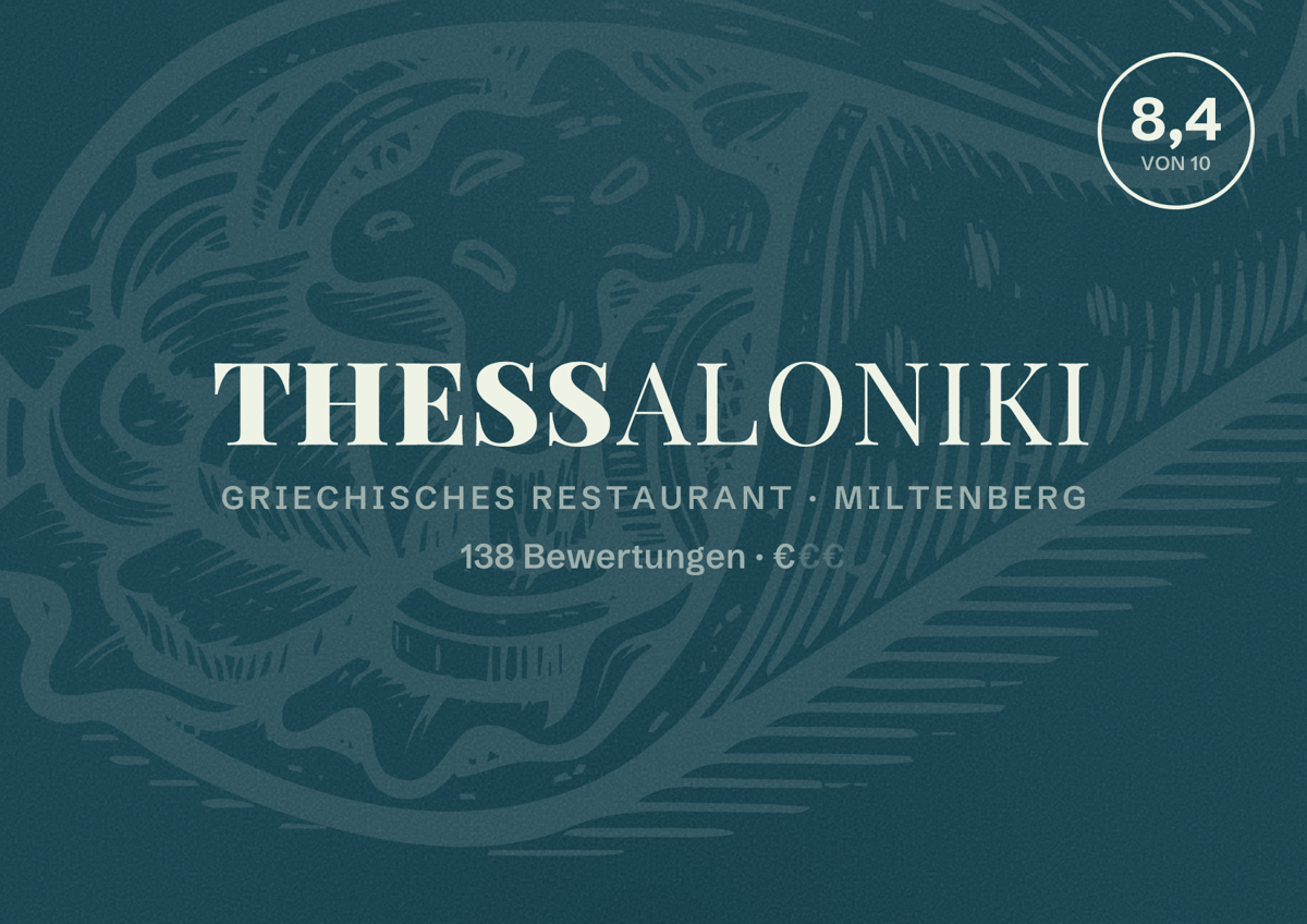Illustriertes Poster von Thessaloniki, Griechisches Restaurant in Miltenberg: Bewertung 8,4 von 10 aus 138 Bewertungen, Preisniveau €