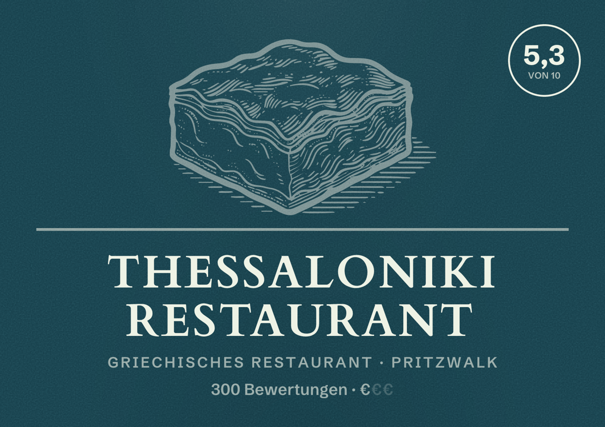 Illustriertes Poster von Thessaloniki Restaurant, Griechisches Restaurant in Pritzwalk: Bewertung 5,3 von 10 aus 300 Bewertungen, Preisniveau €