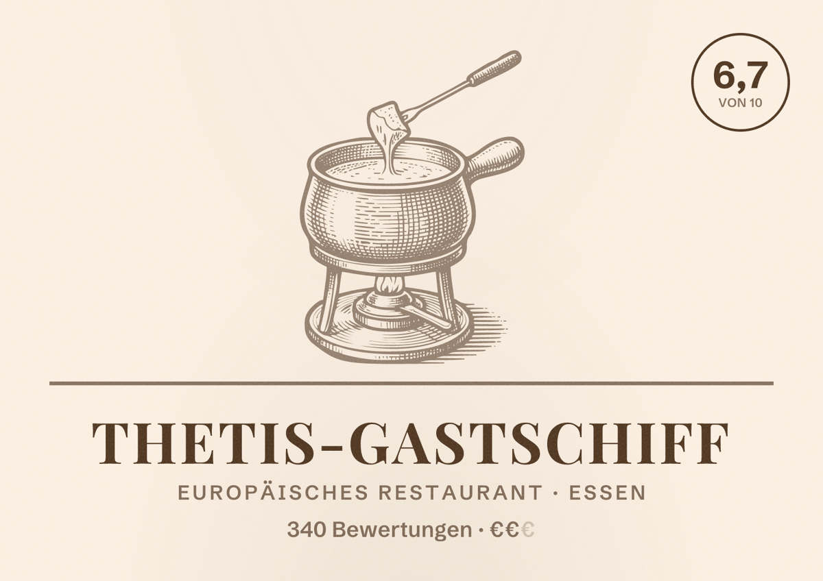 Illustriertes Poster von Thetis-Gastschiff, Europäisches Restaurant in Essen: Bewertung 6,7 von 10 aus 340 Bewertungen, Preisniveau €€