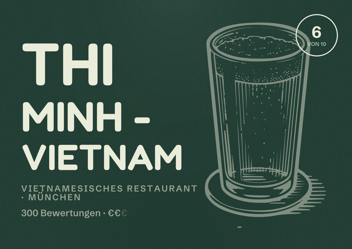 Illustriertes Poster von Thi Minh - Vietnam, Vietnamesisches Restaurant in München: Bewertung 6,0 von 10 aus 300 Bewertungen, Preisniveau €€