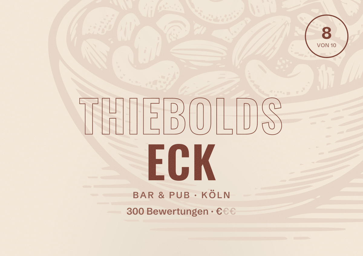 Illustriertes Poster von Thiebolds Eck, Bar & Pub in Köln: Bewertung 8 von 10 aus 300 Bewertungen, Preisniveau €