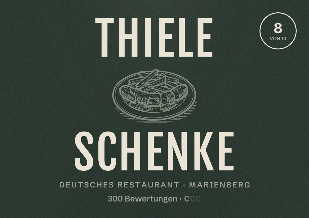 Illustriertes Poster von Thiele Schenke, Deutsches Restaurant in Marienberg: Bewertung 8 von 10 aus 300 Bewertungen, Preisniveau €