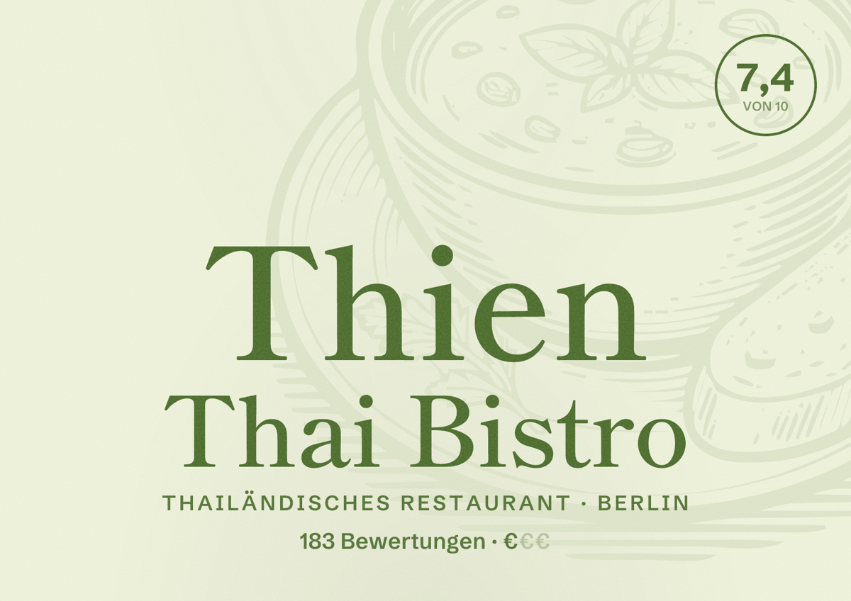 Illustriertes Poster von Thien Thai Bistro, Thailändisches Restaurant in Berlin: Bewertung 7,4 von 10 aus 183 Bewertungen, Preisniveau €
