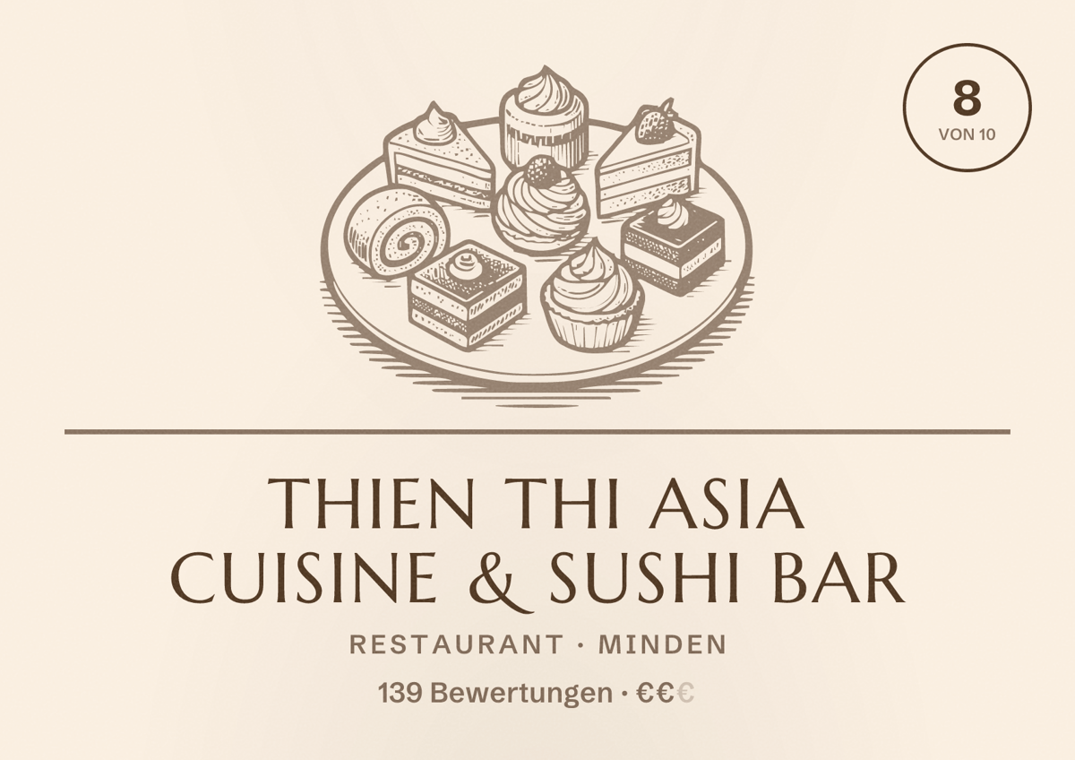 Illustriertes Poster von Thien Thi Asia Cuisine & Sushi Bar, Restaurant in Minden: Bewertung 8 von 10 aus 139 Bewertungen, Preisniveau €€