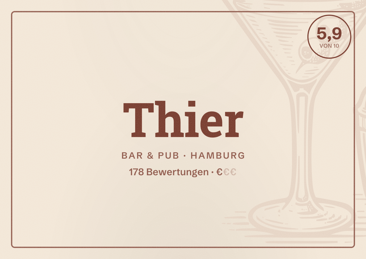 Illustriertes Poster von Thier, Bar & Pub in Hamburg: Bewertung 5,9 von 10 aus 178 Bewertungen, Preisniveau €