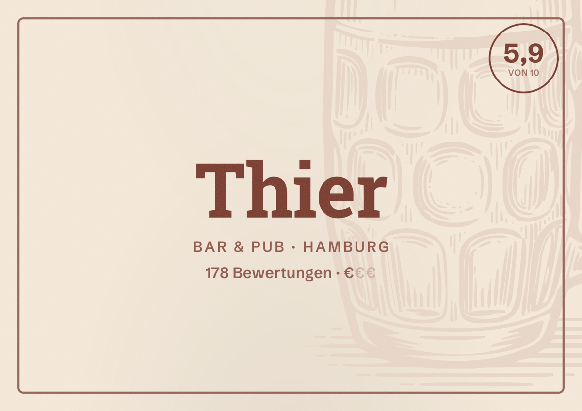 Illustriertes Poster von Thier, Bar & Pub in Hamburg: Bewertung 5,9 von 10 aus 178 Bewertungen, Preisniveau €