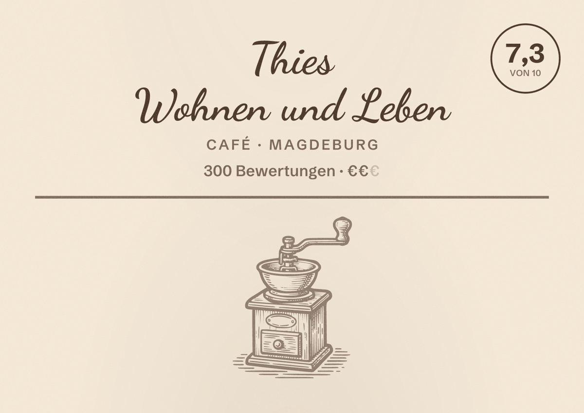 Illustriertes Poster von Thies Wohnen und Leben, Café in Magdeburg: Bewertung 7,3 von 10 aus 300 Bewertungen, Preisniveau €€