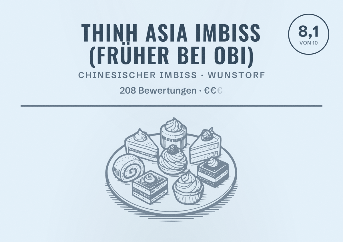Illustriertes Poster von Thinh Asia Imbiss (früher bei OBI), Chinesischer Imbiss in Wunstorf: Bewertung 8,1 von 10 aus 208 Bewertungen, Preisniveau €€