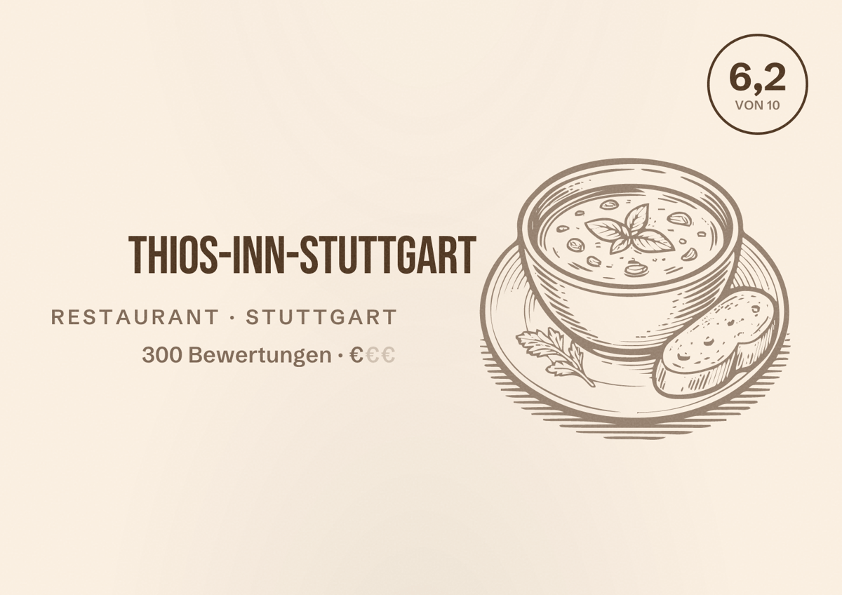 Illustriertes Poster von Thios-Inn-Stuttgart, Restaurant in Stuttgart: Bewertung 6,2 von 10 aus 300 Bewertungen, Preisniveau €