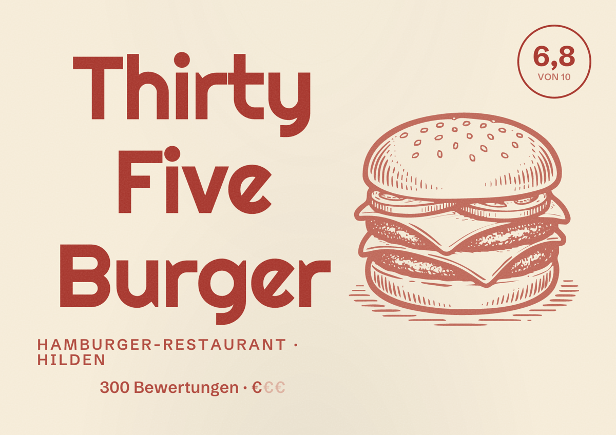 Illustriertes Poster von Thirty Five Burger, Hamburger-Restaurant in Hilden: Bewertung 6,8 von 10 aus 300 Bewertungen, Preisniveau €