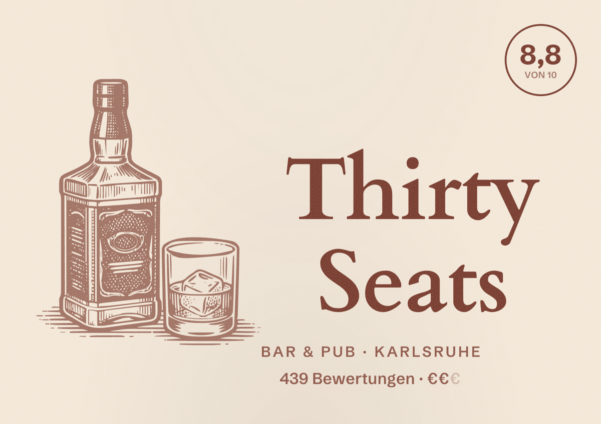 Illustriertes Poster von Thirty Seats, Bar & Pub in Karlsruhe: Bewertung 8,8 von 10 aus 439 Bewertungen, Preisniveau €€