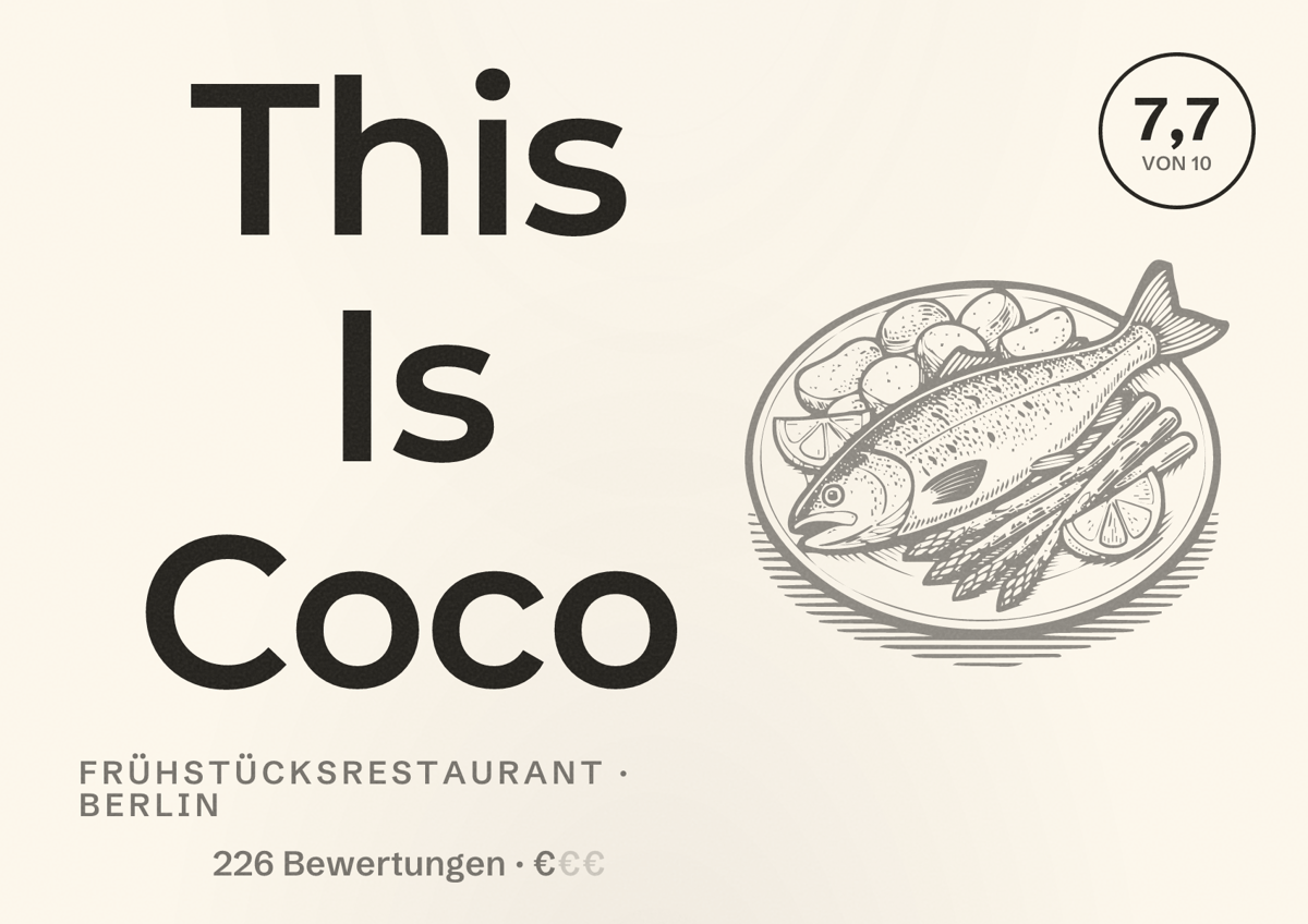 Illustriertes Poster von This Is Coco, Frühstücksrestaurant in Berlin: Bewertung 7,7 von 10 aus 226 Bewertungen, Preisniveau €