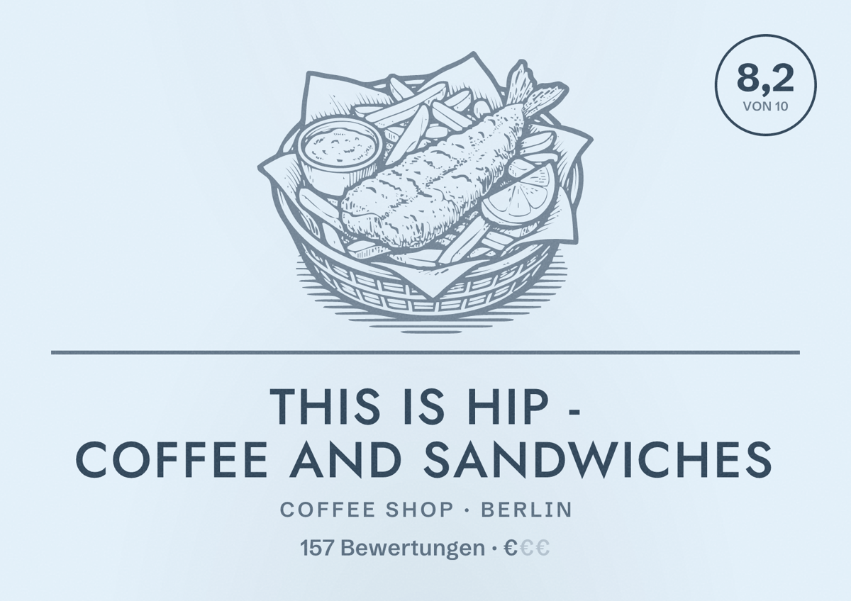 Illustriertes Poster von this is hip - coffee and sandwiches, Coffee Shop in Berlin: Bewertung 8,2 von 10 aus 157 Bewertungen, Preisniveau €