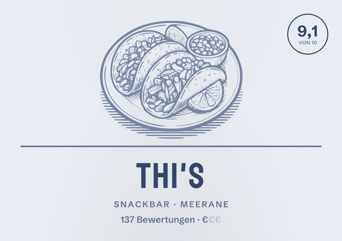 Illustriertes Poster von Thi's, Snackbar in Meerane: Bewertung 9,1 von 10 aus 137 Bewertungen, Preisniveau €