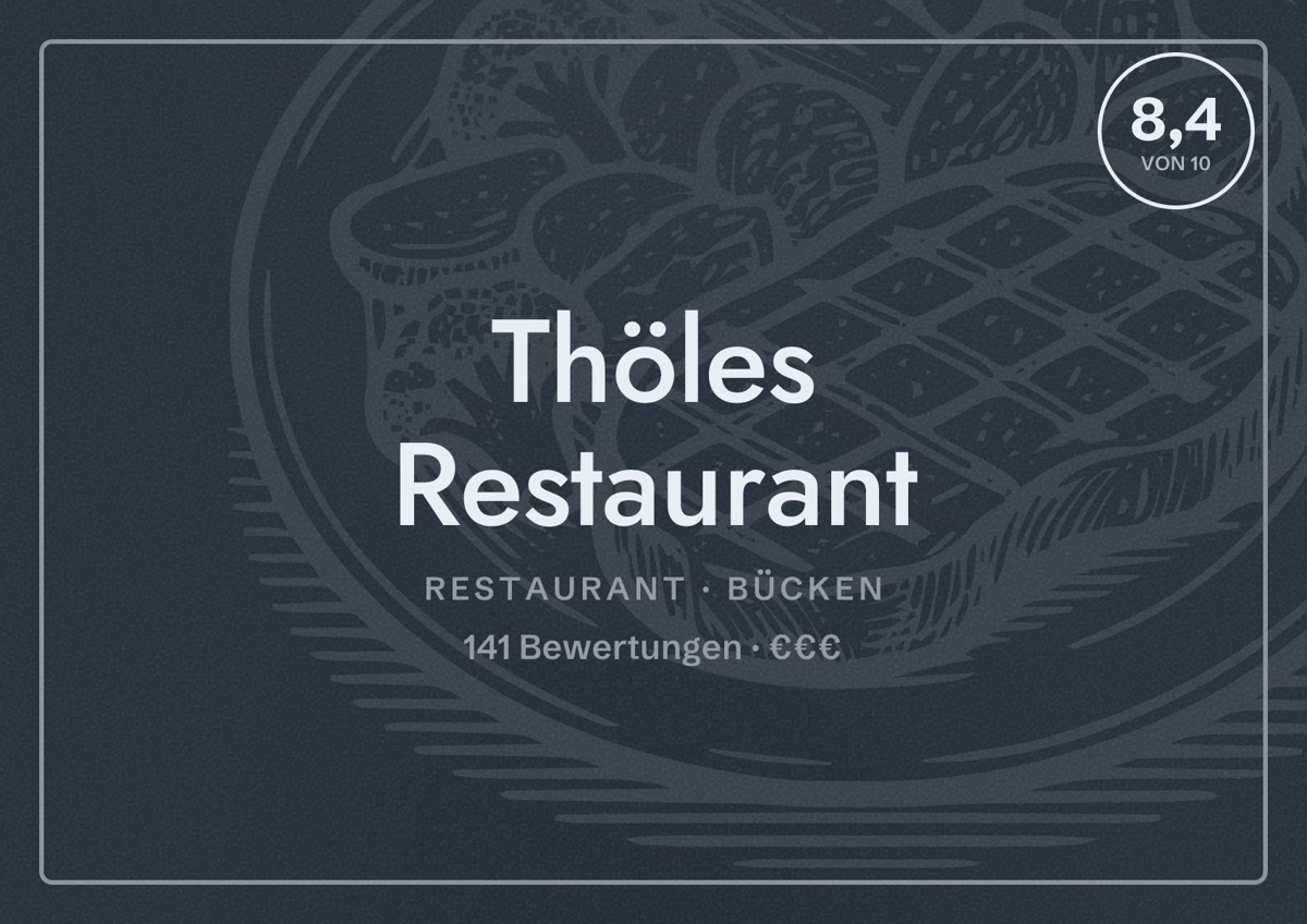 Illustriertes Poster von Thöles Restaurant, Restaurant in Bücken: Bewertung 8,4 von 10 aus 141 Bewertungen, Preisniveau €€€