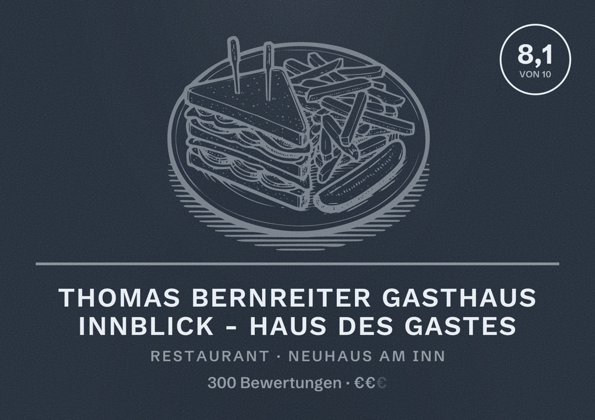 Illustriertes Poster von Thomas Bernreiter Gasthaus Innblick - Haus des Gastes, Restaurant in Neuhaus am Inn: Bewertung 8,1 von 10 aus 300 Bewertungen, Preisniveau €€