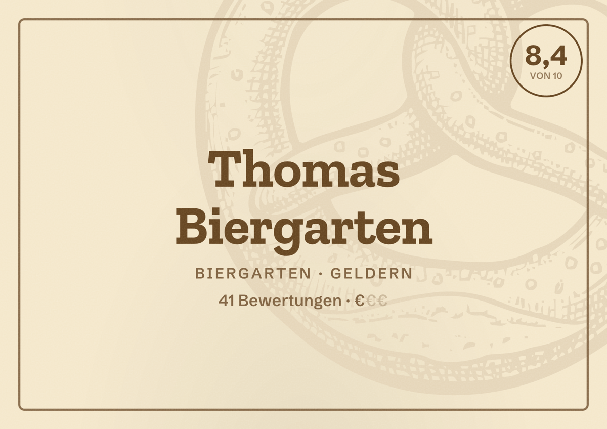 Illustriertes Poster von Thomas Biergarten, Biergarten in Geldern: Bewertung 8,4 von 10 aus 41 Bewertungen, Preisniveau €