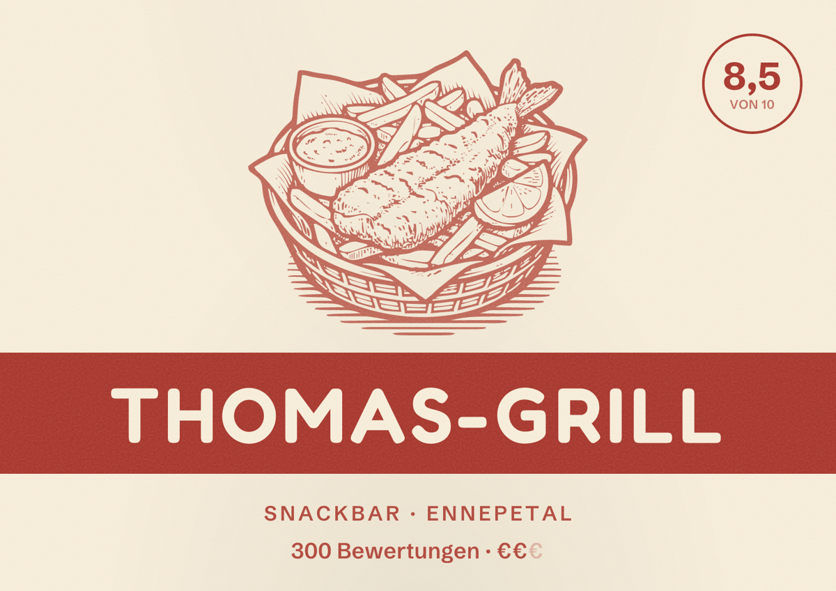Illustriertes Poster von Thomas-Grill, Snackbar in Ennepetal: Bewertung 8,5 von 10 aus 300 Bewertungen, Preisniveau €€