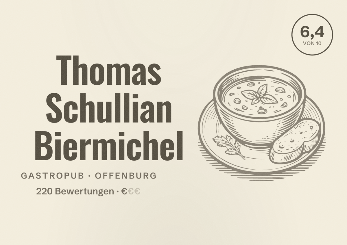 Illustriertes Poster von Thomas Schullian Biermichel, Gastropub in Offenburg: Bewertung 6,4 von 10 aus 220 Bewertungen, Preisniveau €