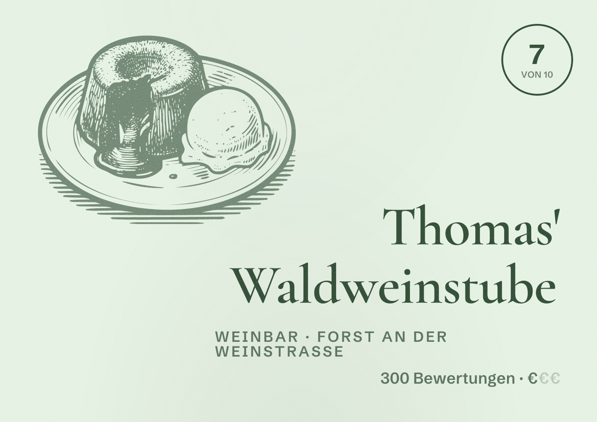 Illustriertes Poster von Thomas' Waldweinstube, Weinbar in Forst an der Weinstraße: Bewertung 7 von 10 aus 300 Bewertungen, Preisniveau €