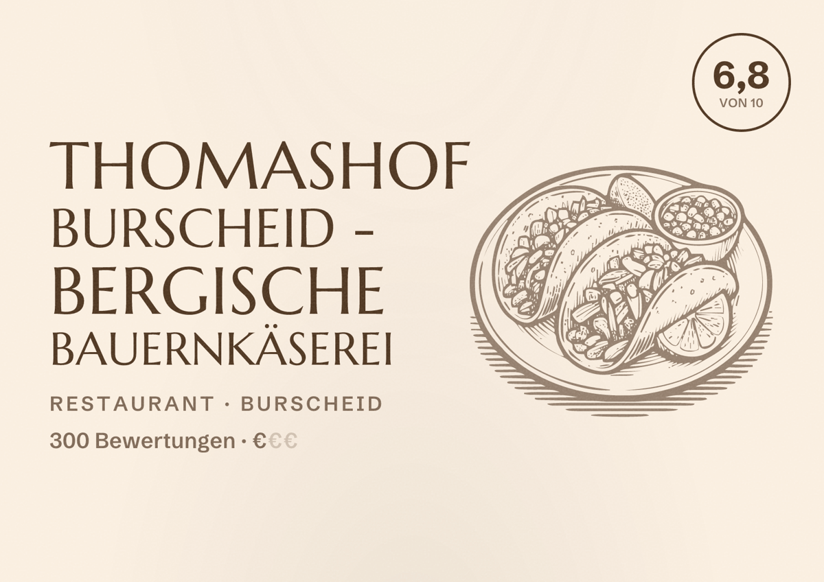 Illustriertes Poster von Thomashof Burscheid - Bergische Bauernkäserei, Restaurant in Burscheid: Bewertung 6,8 von 10 aus 300 Bewertungen, Preisniveau €