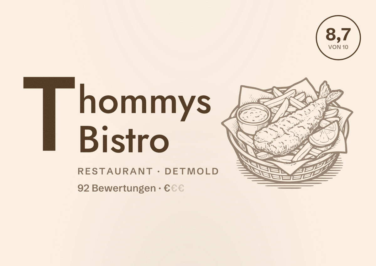 Illustriertes Poster von Thommys Bistro, Restaurant in Detmold: Bewertung 8,7 von 10 aus 92 Bewertungen, Preisniveau €