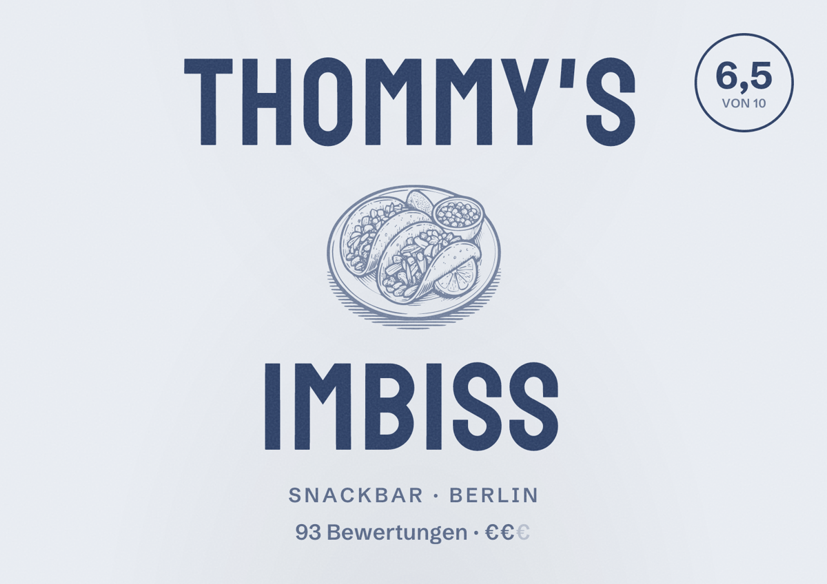 Illustriertes Poster von Thommy's Imbiss, Snackbar in Berlin: Bewertung 6,5 von 10 aus 93 Bewertungen, Preisniveau €€