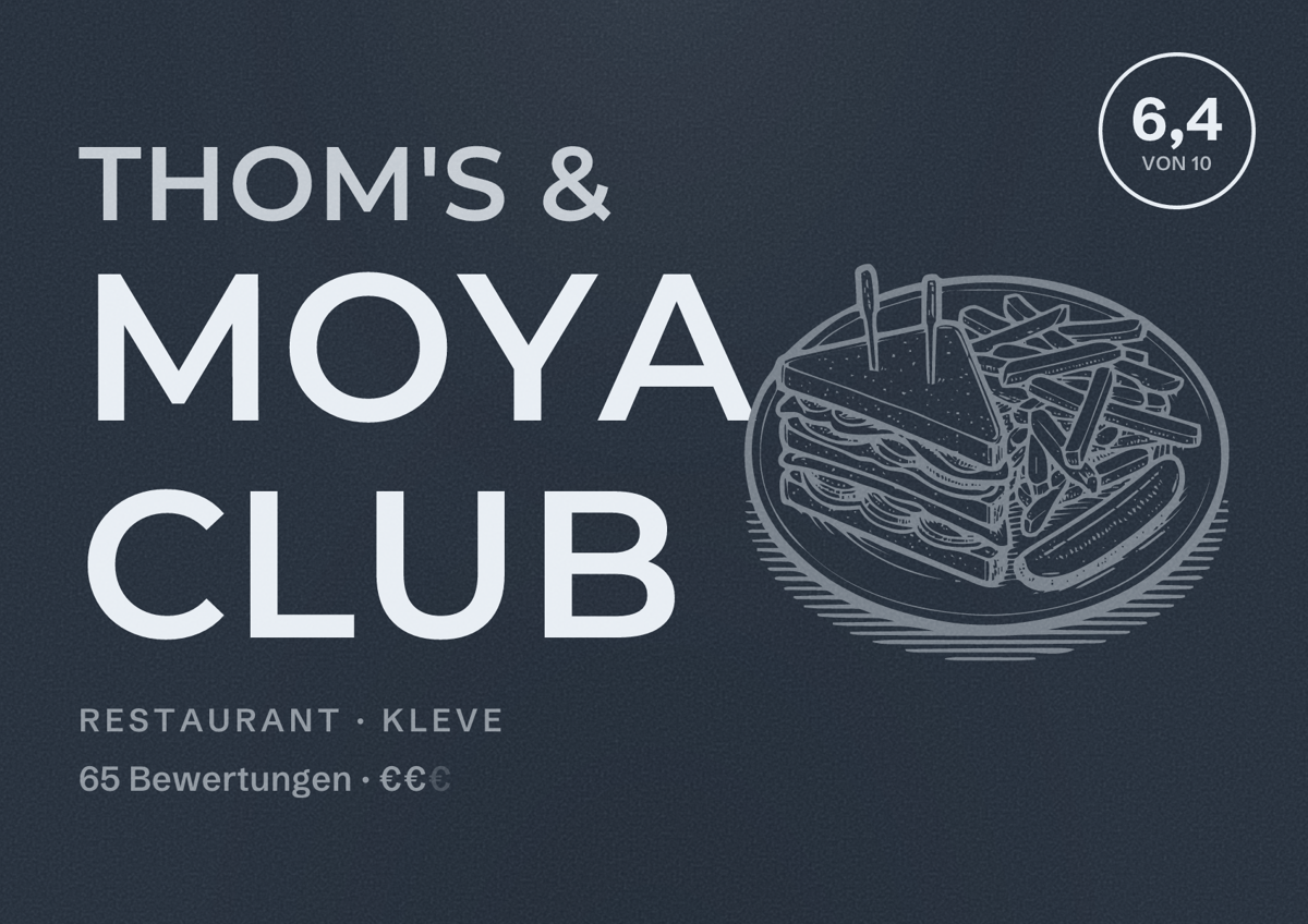 Illustriertes Poster von Thom's & MOYA Club, Restaurant in Kleve: Bewertung 6,4 von 10 aus 65 Bewertungen, Preisniveau €€
