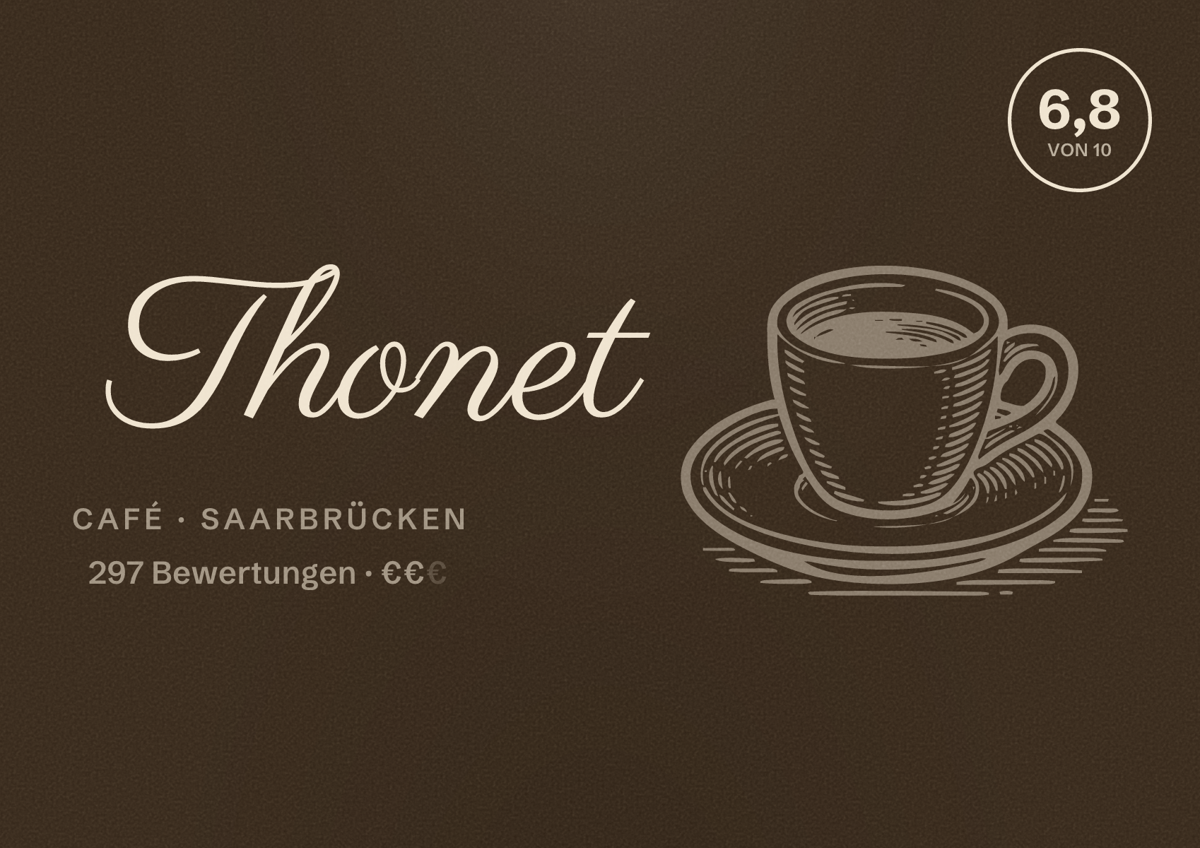 Illustriertes Poster von Thonet, Café in Saarbrücken: Bewertung 6,8 von 10 aus 297 Bewertungen, Preisniveau €€
