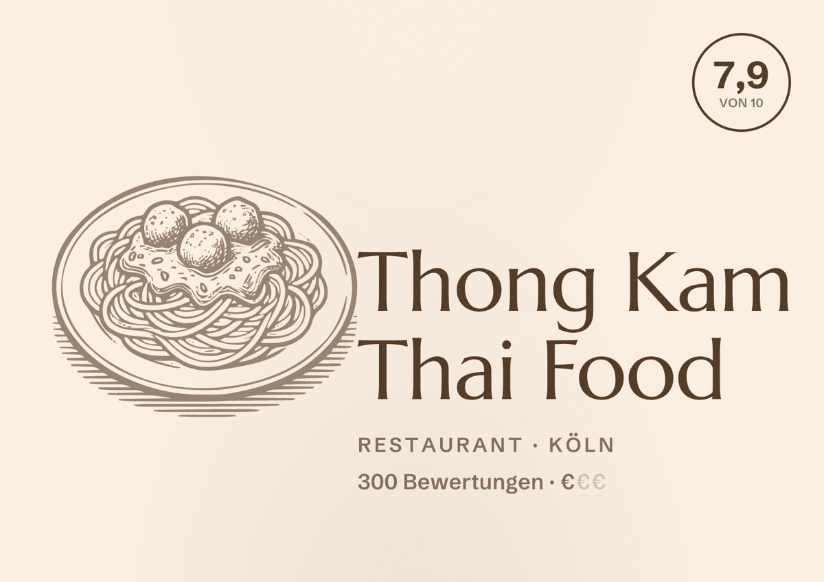 Illustriertes Poster von Thong Kam Thai Food, Restaurant in Köln: Bewertung 7,9 von 10 aus 300 Bewertungen, Preisniveau €