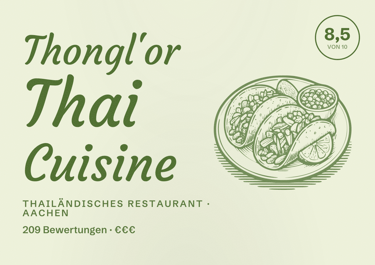 Illustriertes Poster von Thongl'or Thai Cuisine, Thailändisches Restaurant in Aachen: Bewertung 8,5 von 10 aus 209 Bewertungen, Preisniveau €€€