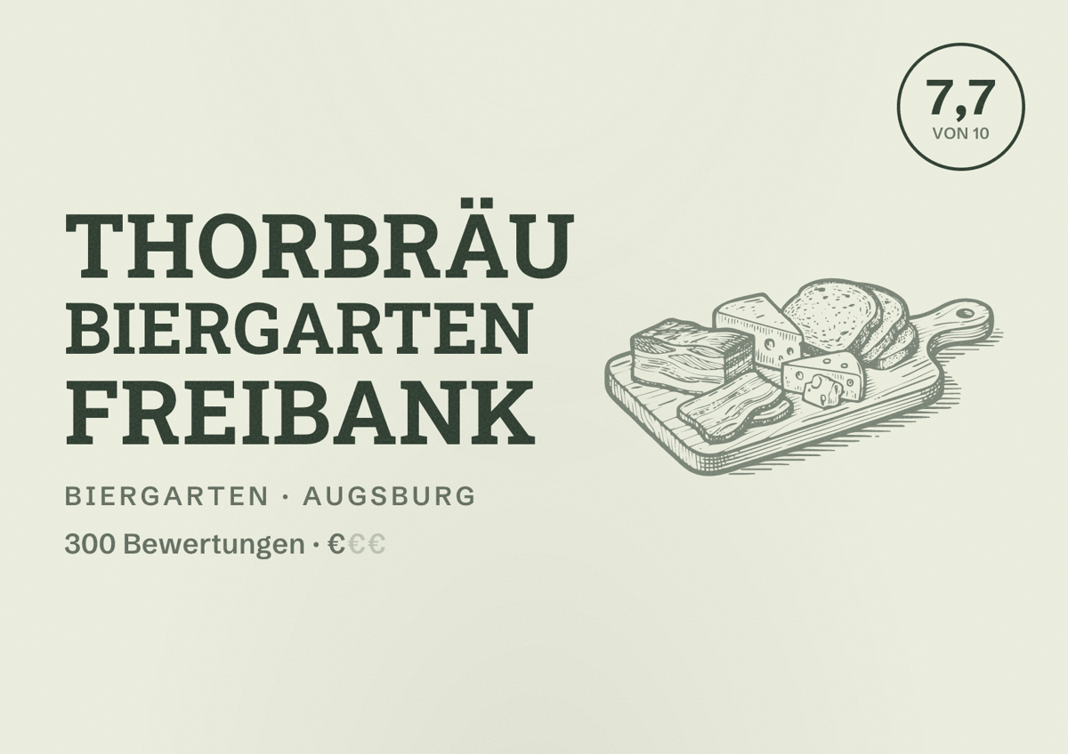 Illustriertes Poster von Thorbräu Biergarten Freibank, Biergarten in Augsburg: Bewertung 7,7 von 10 aus 300 Bewertungen, Preisniveau €
