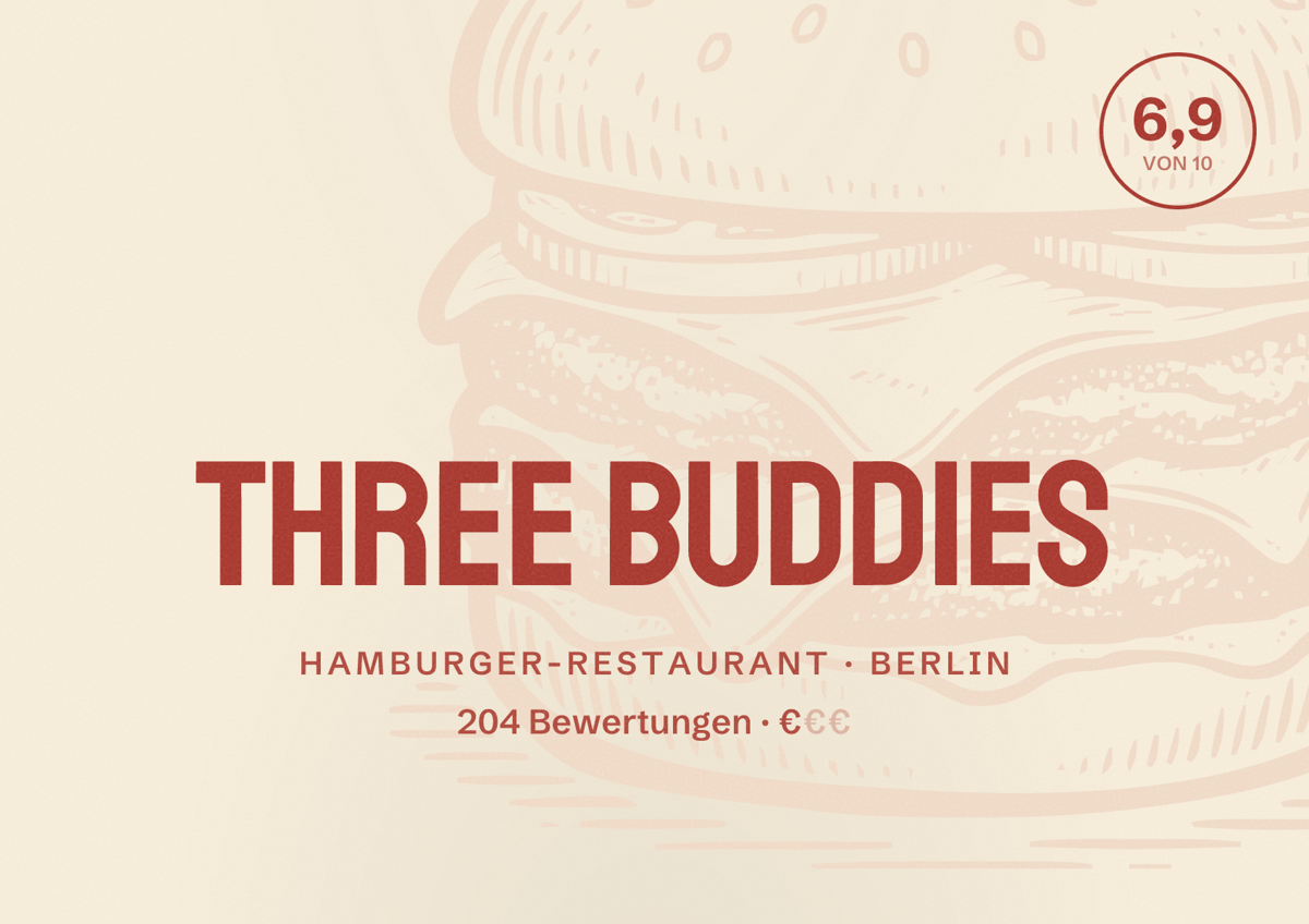 Illustriertes Poster von Three Buddies, Hamburger-Restaurant in Berlin: Bewertung 6,9 von 10 aus 204 Bewertungen, Preisniveau €