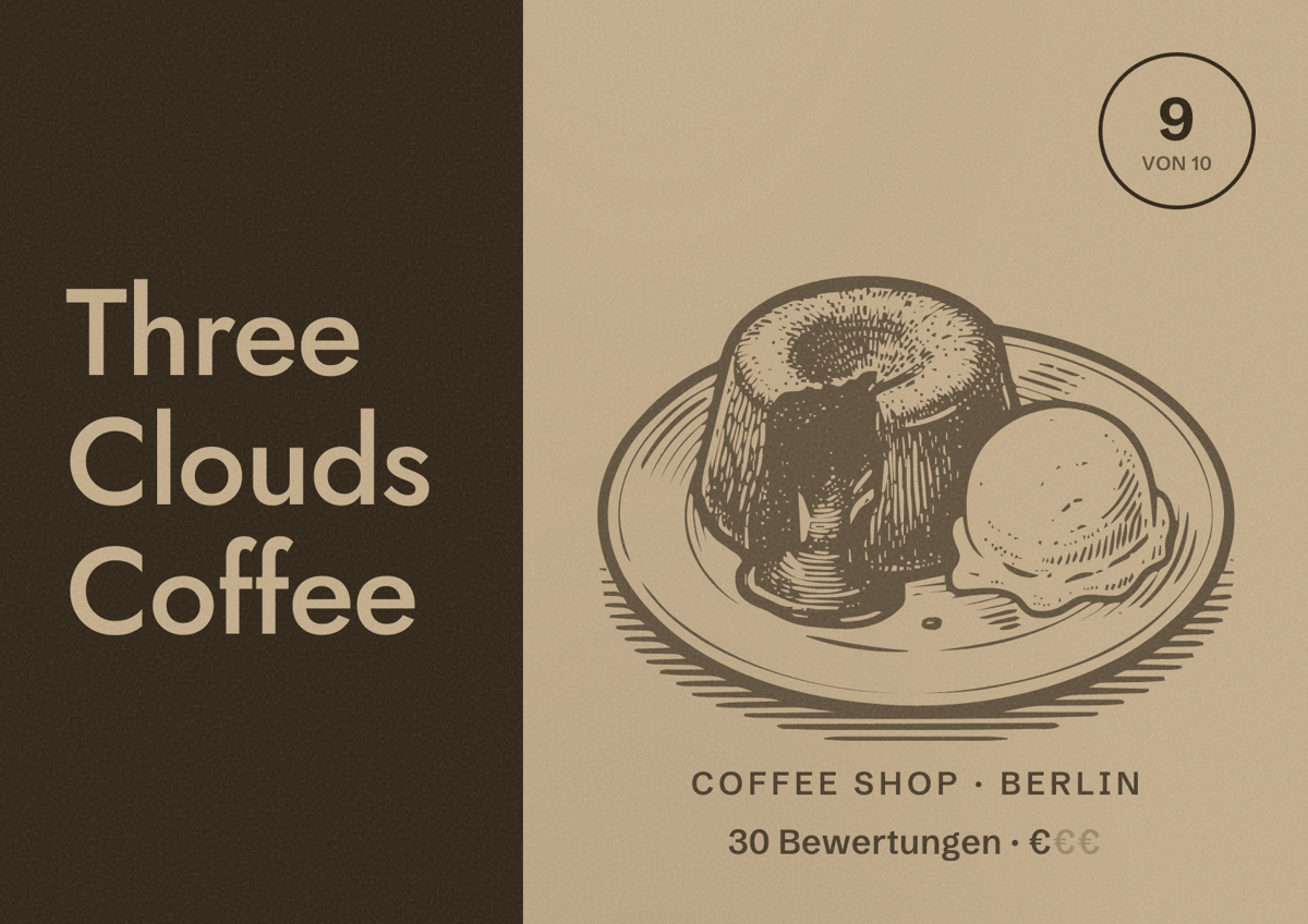 Illustriertes Poster von Three Clouds Coffee, Coffee Shop in Berlin: Bewertung 9,0 von 10 aus 30 Bewertungen, Preisniveau €