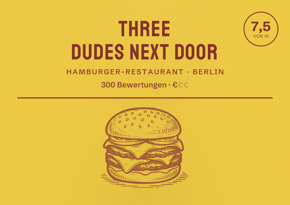 Illustriertes Poster von Three Dudes Next Door, Hamburger-Restaurant in Berlin: Bewertung 7,5 von 10 aus 300 Bewertungen, Preisniveau €