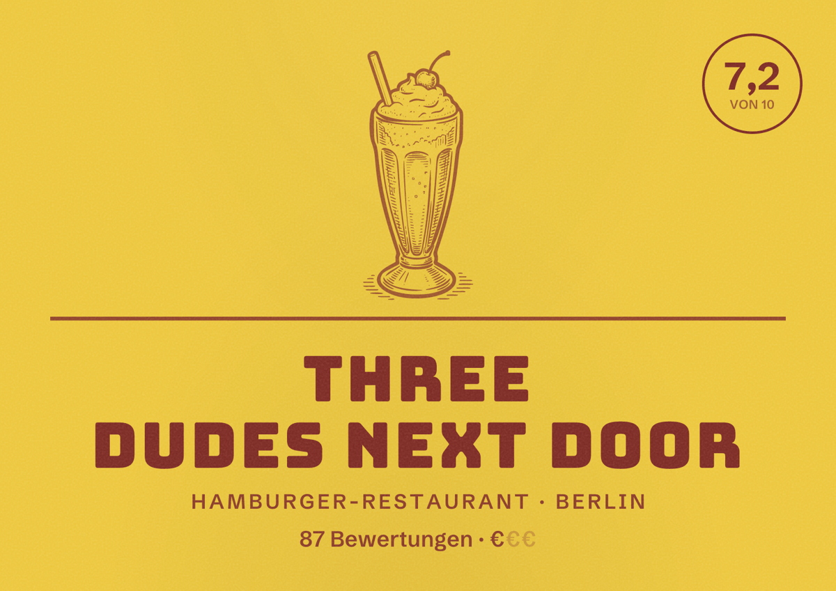 Illustriertes Poster von Three Dudes Next Door, Hamburger-Restaurant in Berlin: Bewertung 7,2 von 10 aus 87 Bewertungen, Preisniveau €