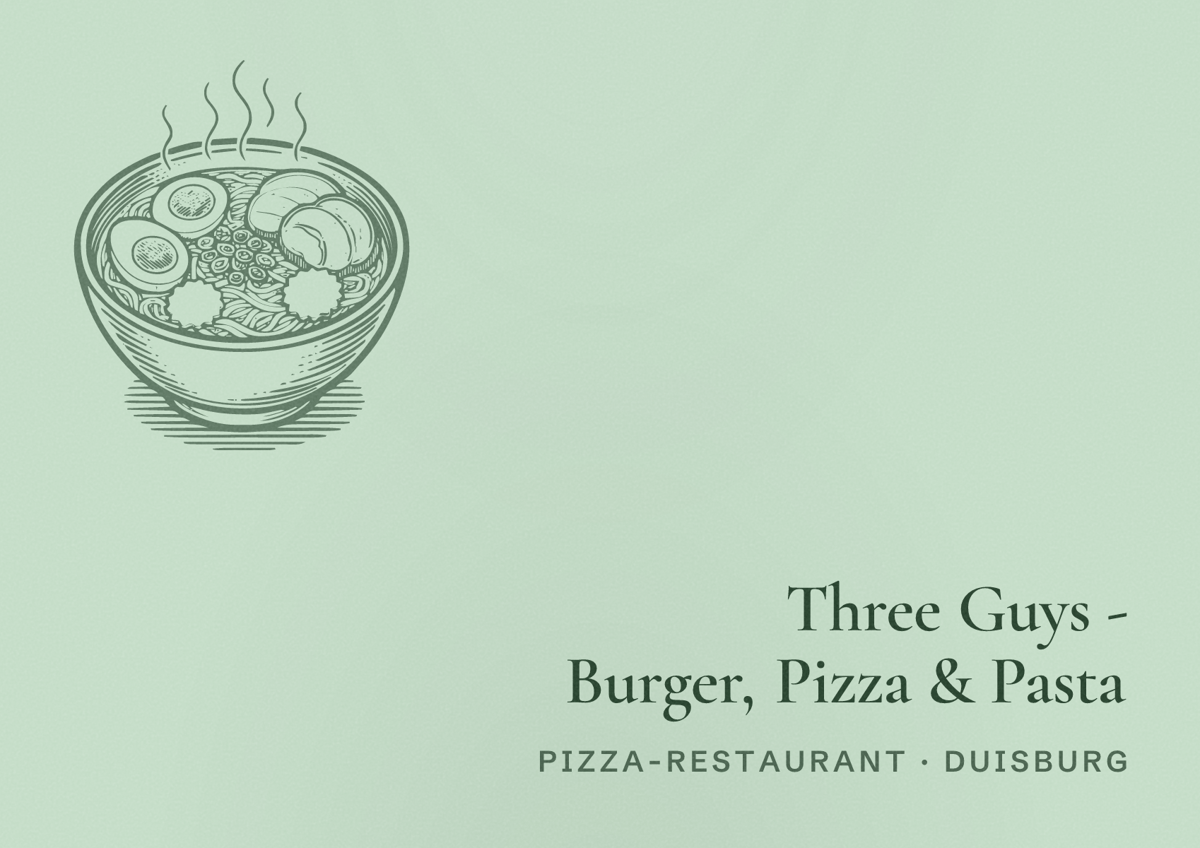 Illustriertes Poster von Three Guys - Burger, Pizza & Pasta, Pizza-Restaurant in Duisburg
