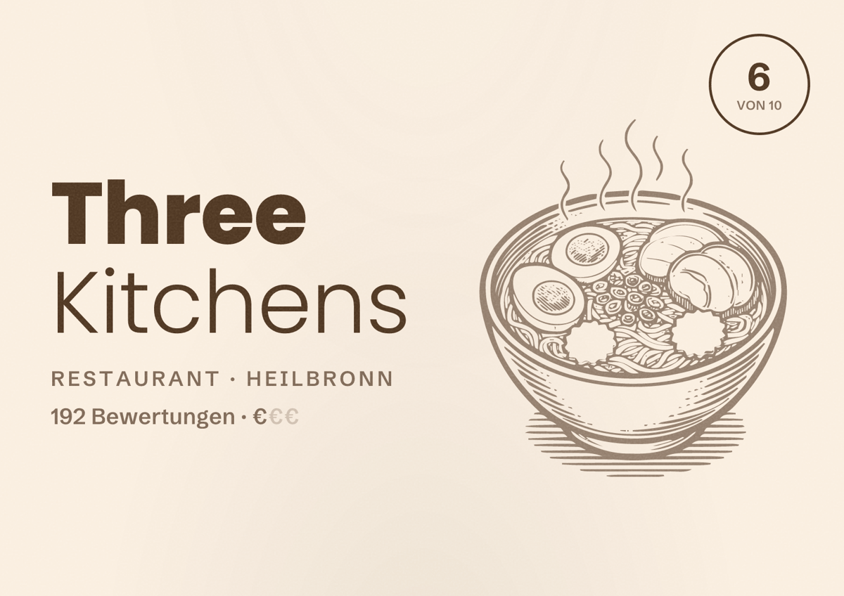 Illustriertes Poster von Three Kitchens, Restaurant in Heilbronn: Bewertung 6 von 10 aus 192 Bewertungen, Preisniveau €