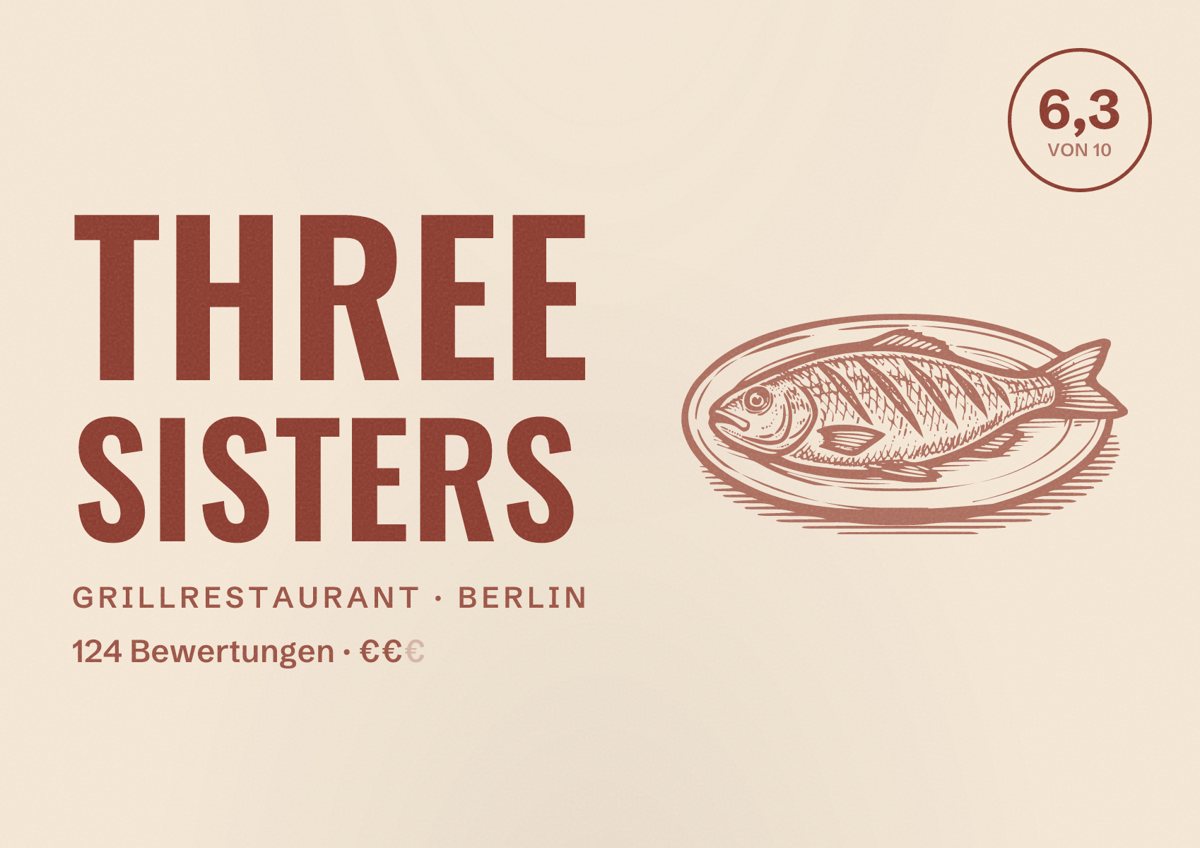 Illustriertes Poster von Three Sisters, Grillrestaurant in Berlin: Bewertung 6,3 von 10 aus 124 Bewertungen, Preisniveau €€
