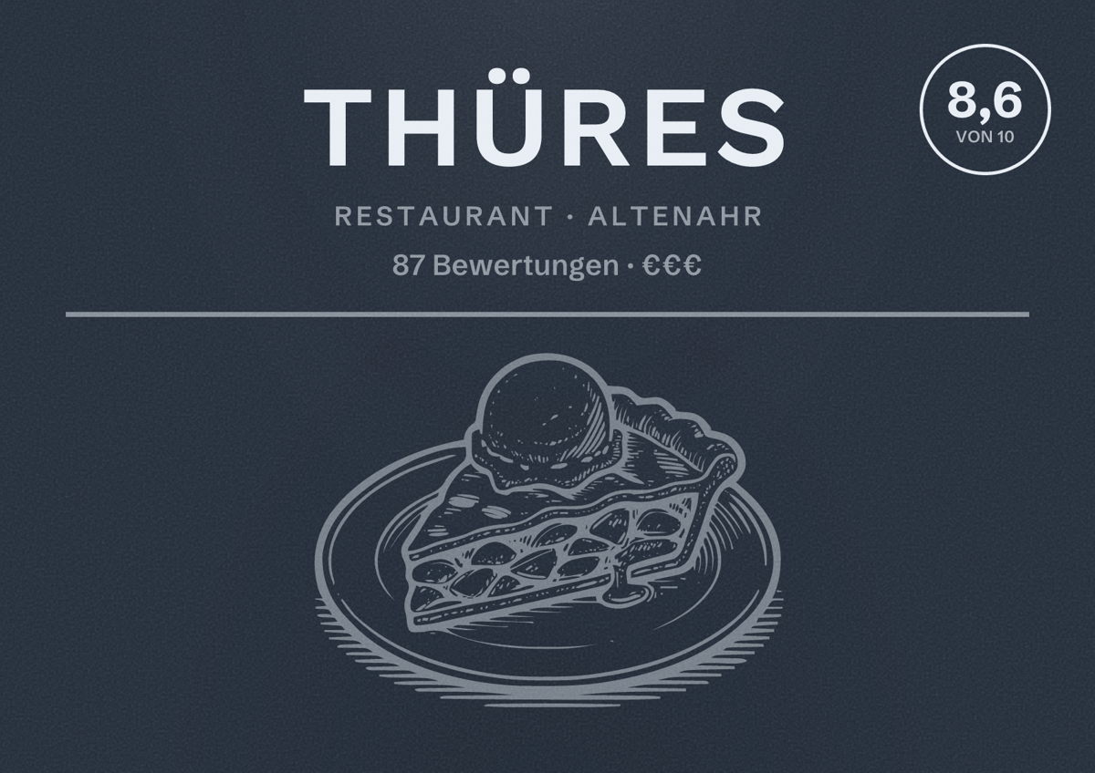 Illustriertes Poster von Thüres, Restaurant in Altenahr: Bewertung 8,6 von 10 aus 87 Bewertungen, Preisniveau €€€