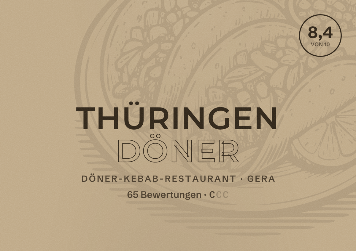 Illustriertes Poster von Thüringen Döner, Döner-Kebab-Restaurant in Gera: Bewertung 8,4 von 10 aus 65 Bewertungen, Preisniveau €